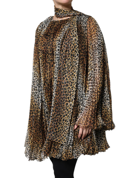 Dolce & Gabbana Brown Leopard Print Scarf Collared Chiffon Dress Dolce & Gabbana