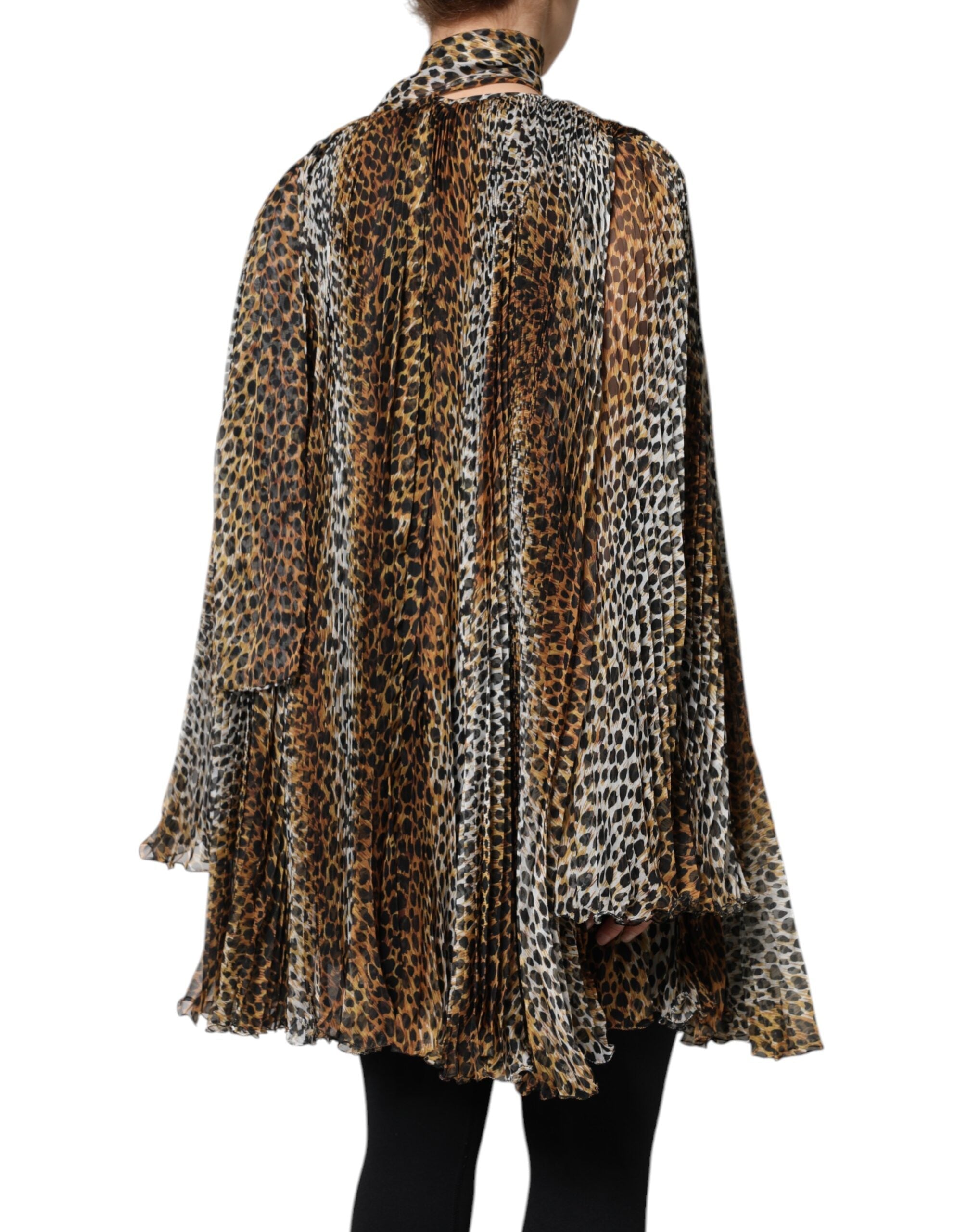 Dolce & Gabbana Brown Leopard Print Scarf Collared Chiffon Dress Dolce & Gabbana