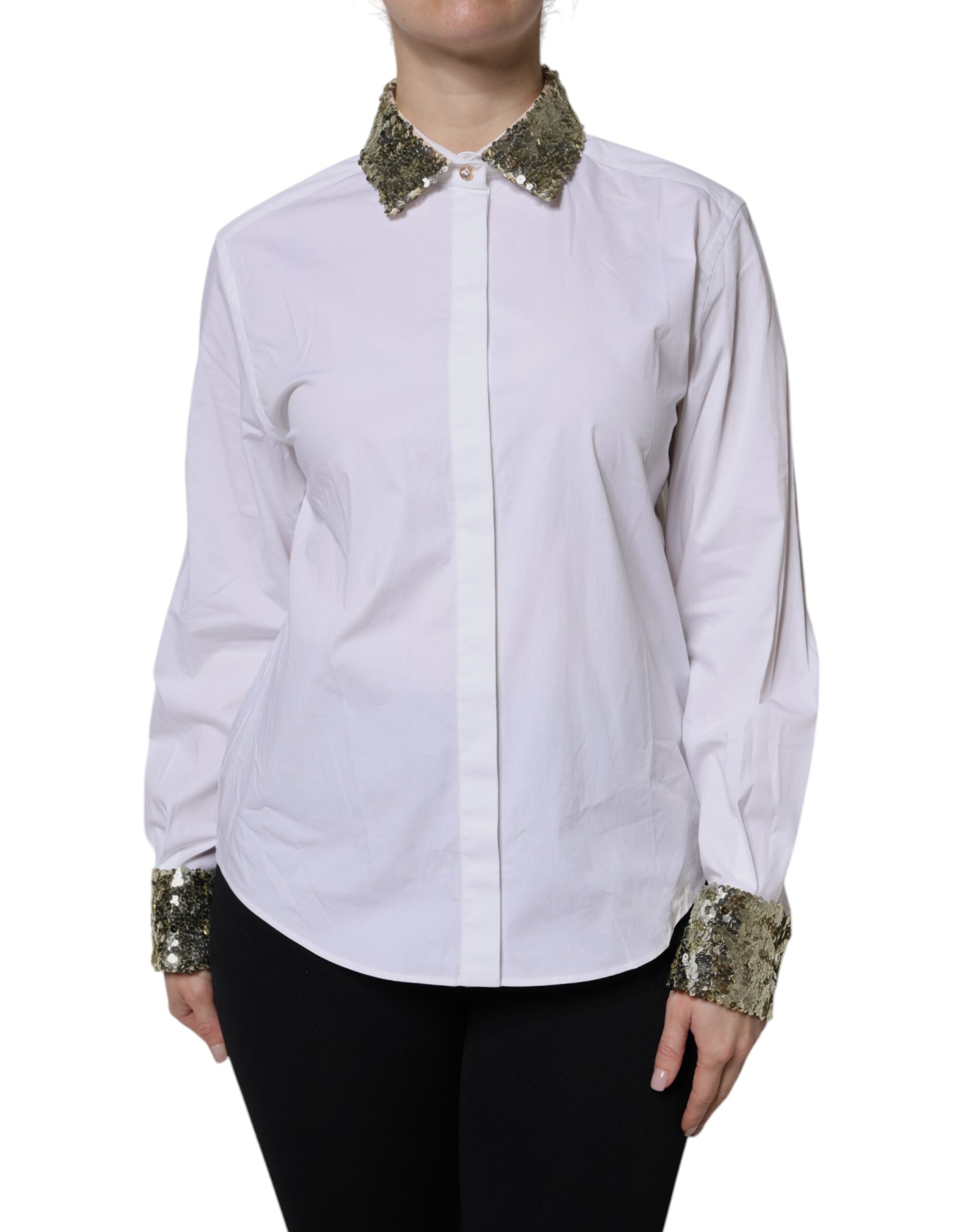 Dolce & Gabbana White Cotton Long Sleeves Sequin Shirt Top Dolce & Gabbana