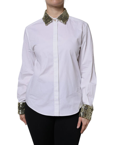 Dolce & Gabbana White Cotton Long Sleeves Sequin Shirt Top Dolce & Gabbana