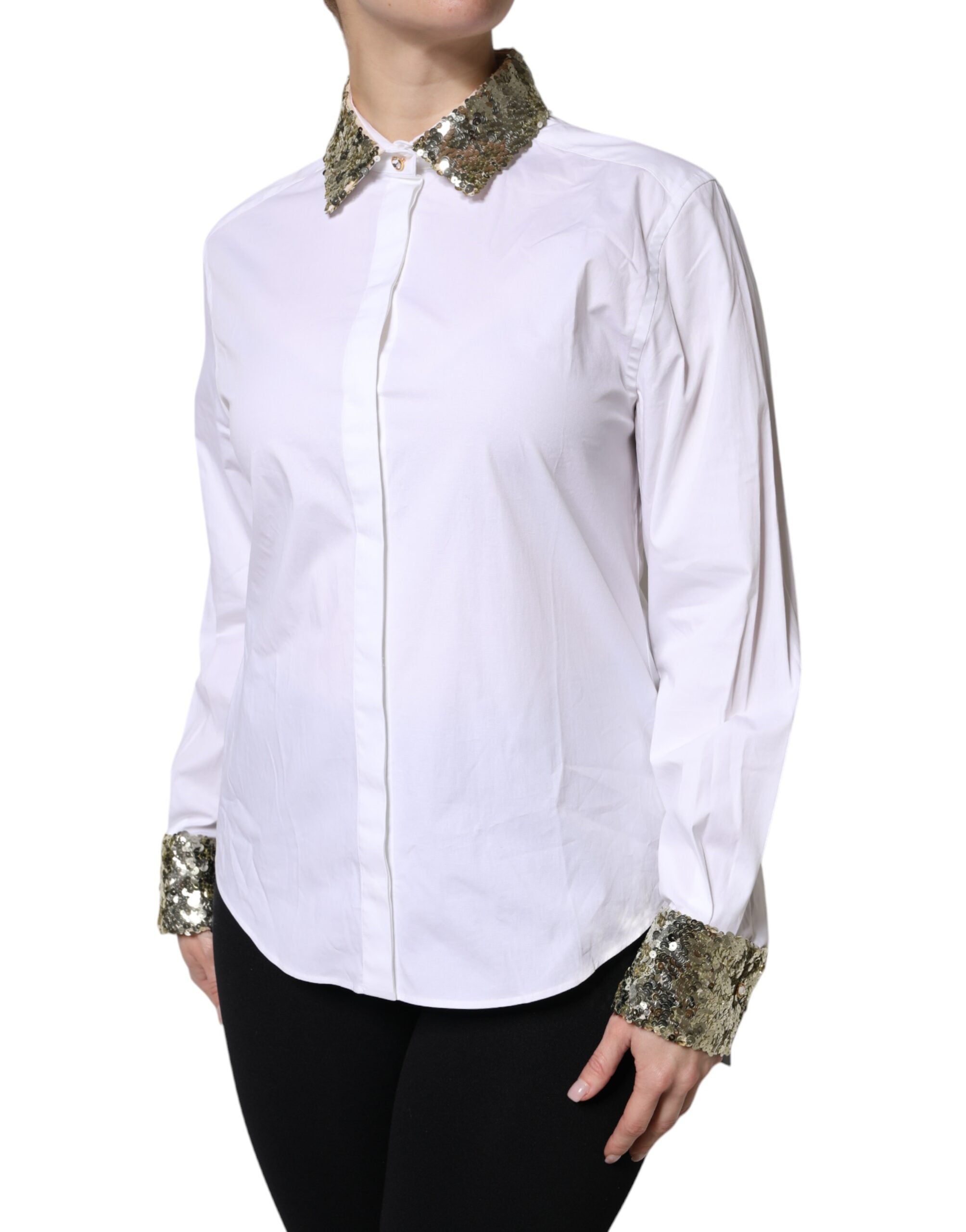 Dolce & Gabbana White Cotton Long Sleeves Sequin Shirt Top Dolce & Gabbana