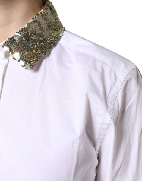 Dolce & Gabbana White Cotton Long Sleeves Sequin Shirt Top Dolce & Gabbana