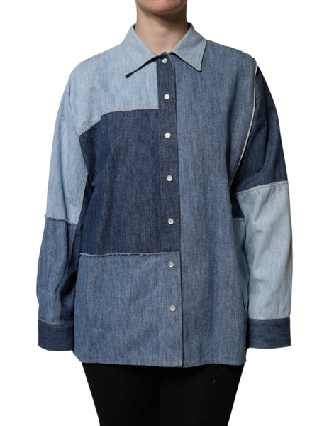 Dolce & Gabbana Blue Cotton Button Up Collared Long Sleeve Top Dolce & Gabbana