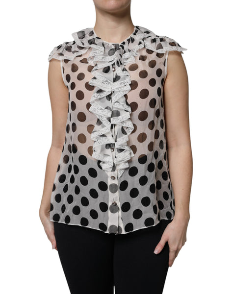 Dolce & Gabbana White Black Polka Dot Cotton Sleeveless Top Dolce & Gabbana