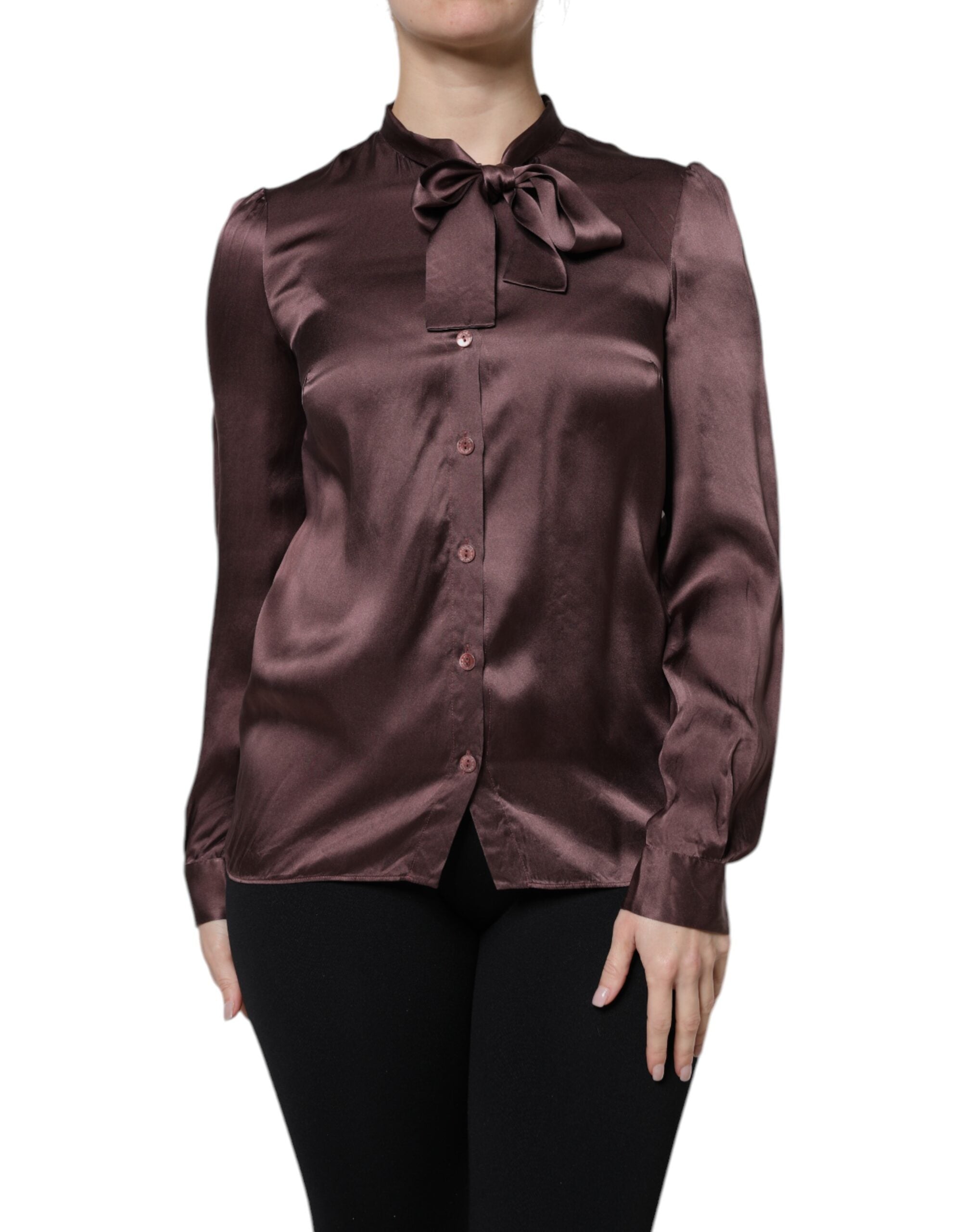Dolce & Gabbana Brown Ascot Collar Long Sleeve Blouse Top Dolce & Gabbana