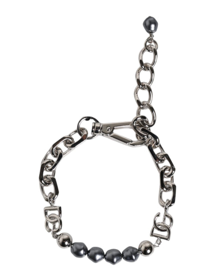 Dolce & Gabbana Silver Tone Chain Lobster Clasp Logo Gray Pearls Bracelet Dolce & Gabbana