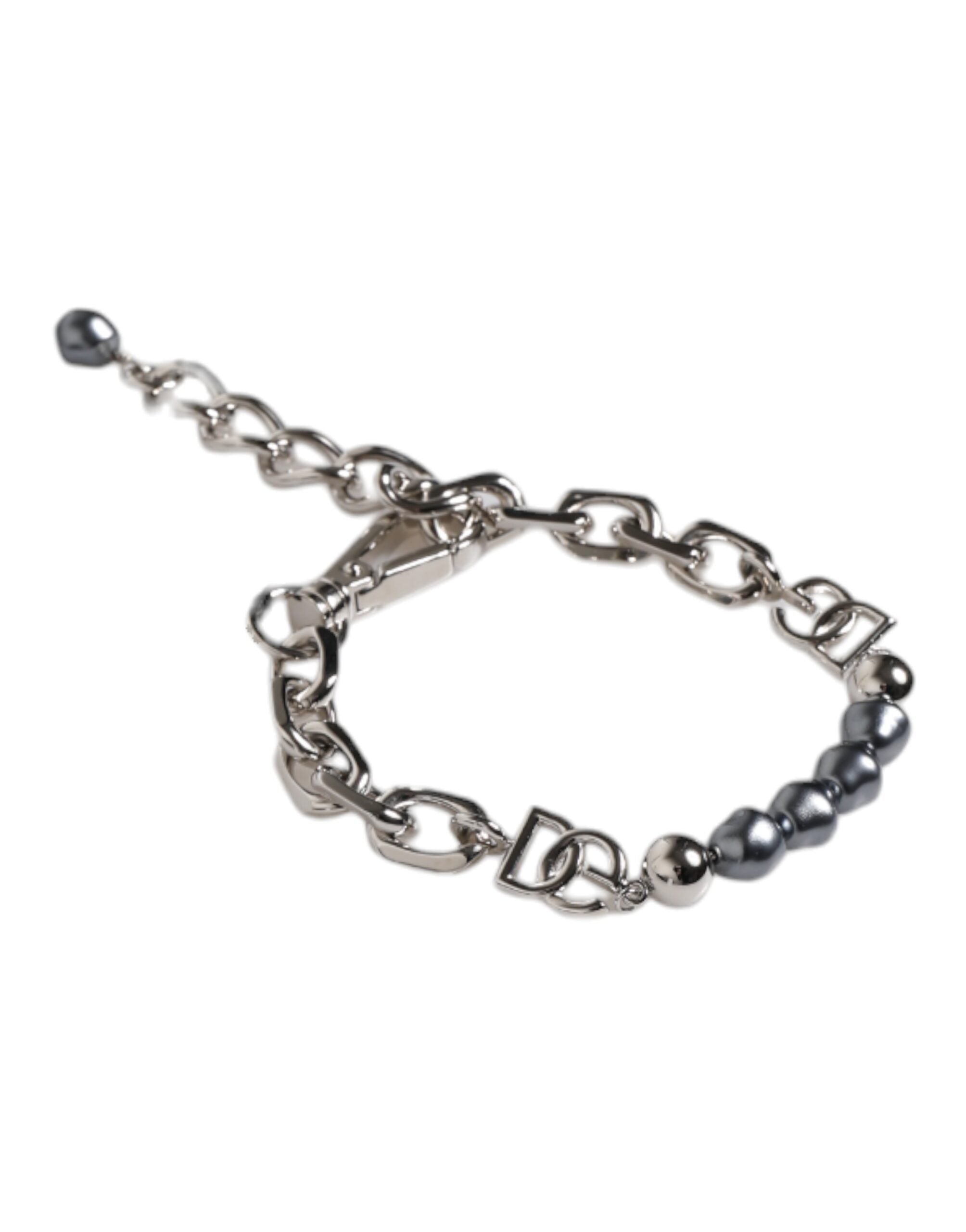 Dolce & Gabbana Silver Tone Chain Lobster Clasp Logo Gray Pearls Bracelet Dolce & Gabbana