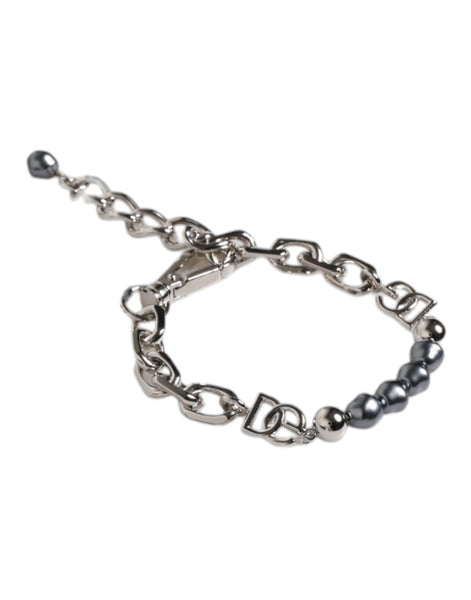 Dolce & Gabbana Silver Tone Chain Lobster Clasp Logo Gray Pearls Bracelet Dolce & Gabbana