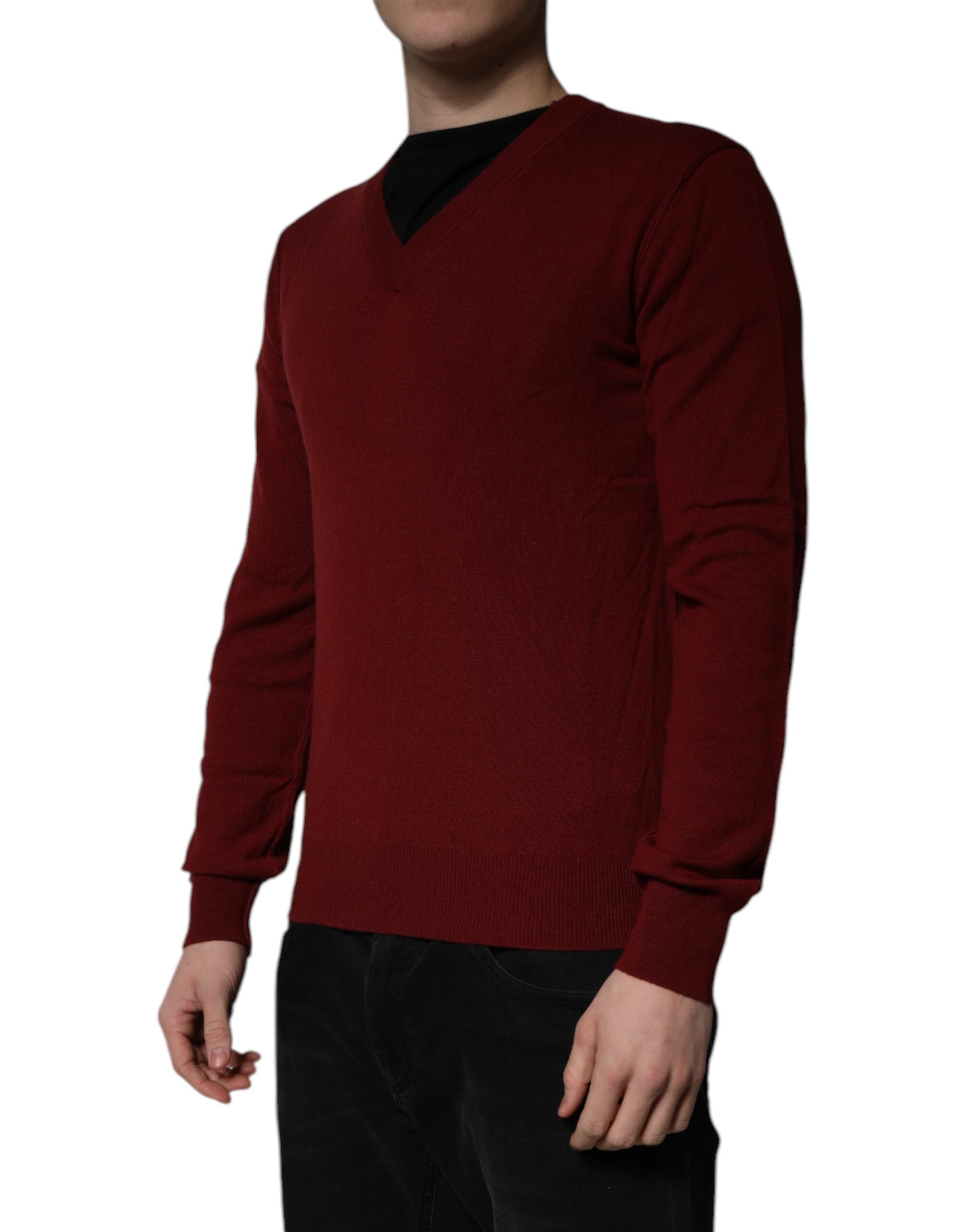 Dolce & Gabbana Maroon Cashmere V-neck Men Pullover Sweater Dolce & Gabbana