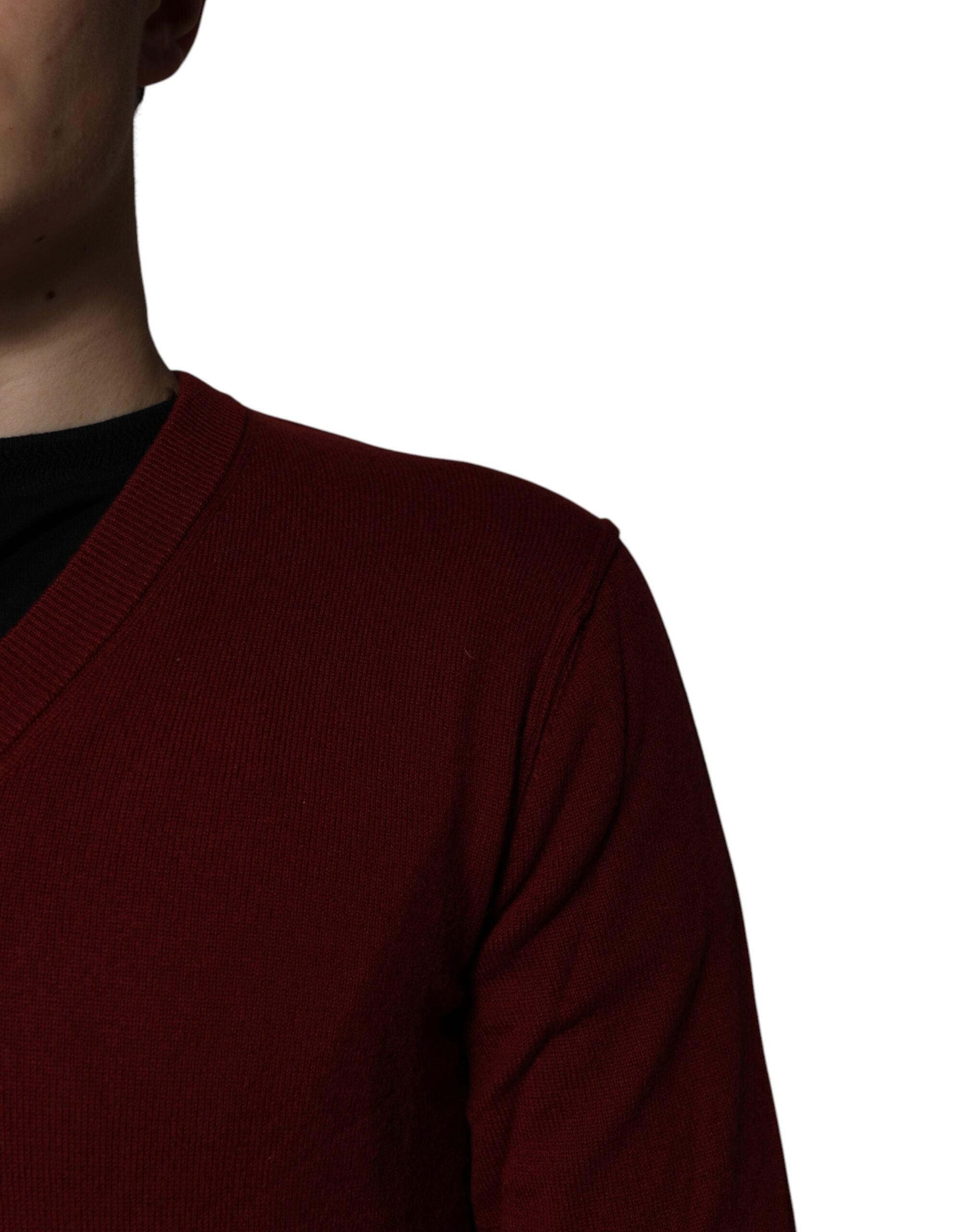 Dolce & Gabbana Maroon Cashmere V-neck Men Pullover Sweater Dolce & Gabbana