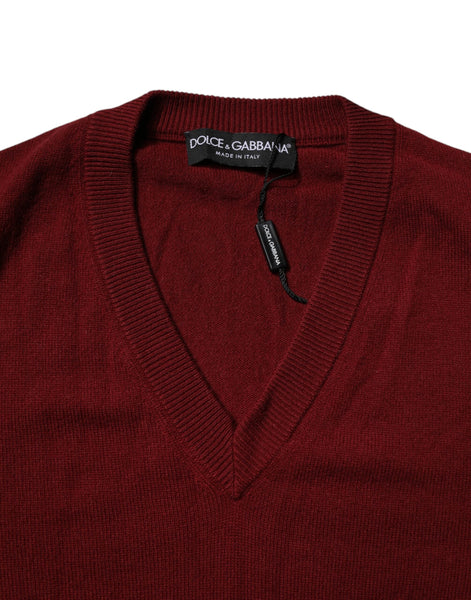 Dolce & Gabbana Maroon Cashmere V-neck Men Pullover Sweater Dolce & Gabbana