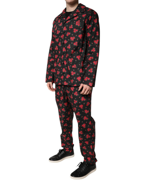 Dolce & Gabbana Black Floral Print Cotton Men Pajama Set Sleepwear Dolce & Gabbana