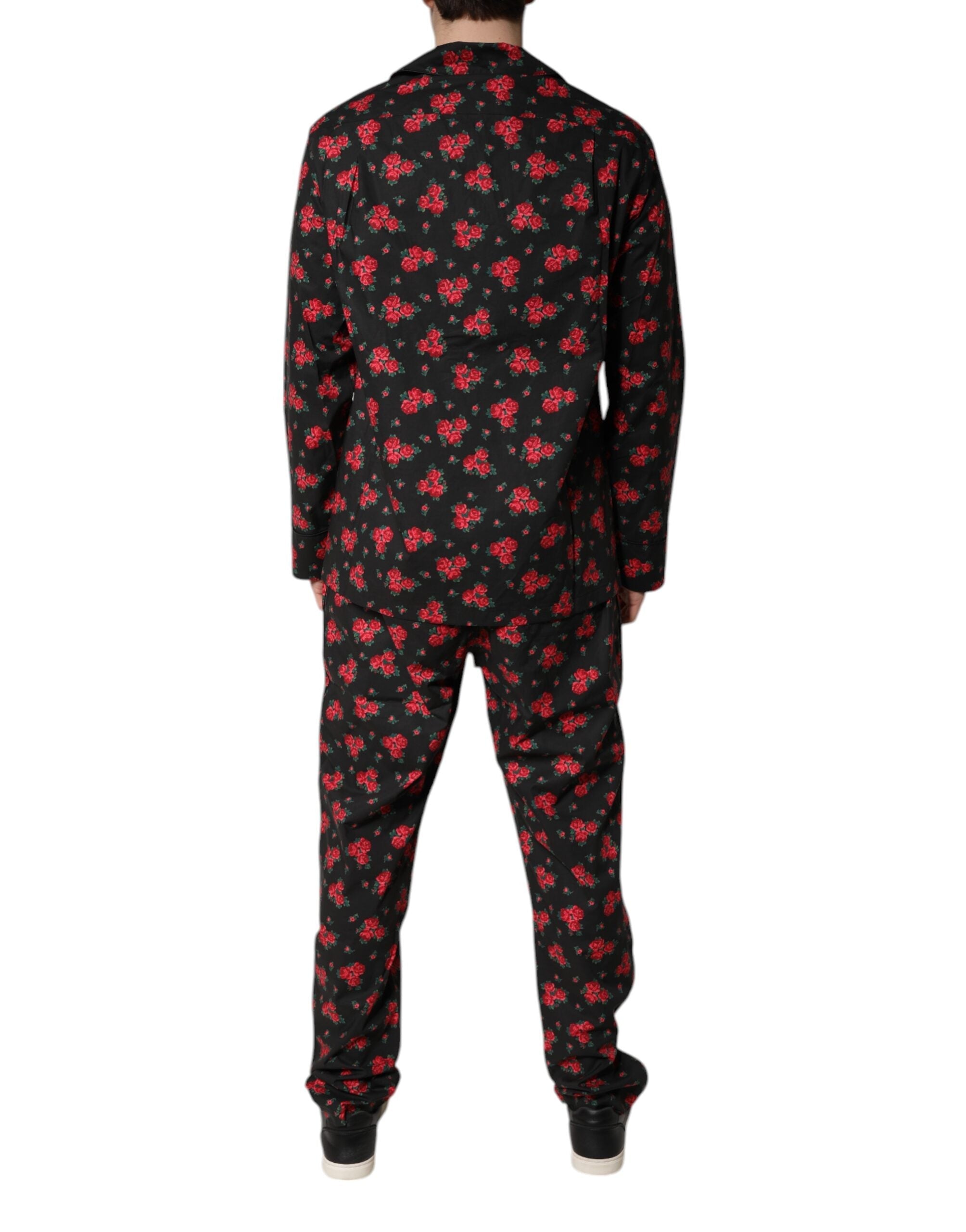 Dolce & Gabbana Black Floral Print Cotton Men Pajama Set Sleepwear Dolce & Gabbana