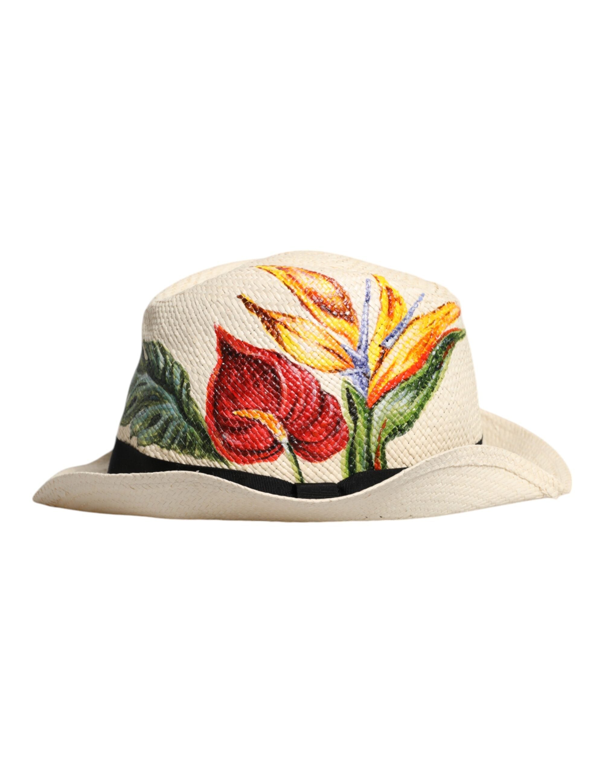 Dolce & Gabbana Beige Floral Print Straw Wide Brim Fedora Hat Dolce & Gabbana