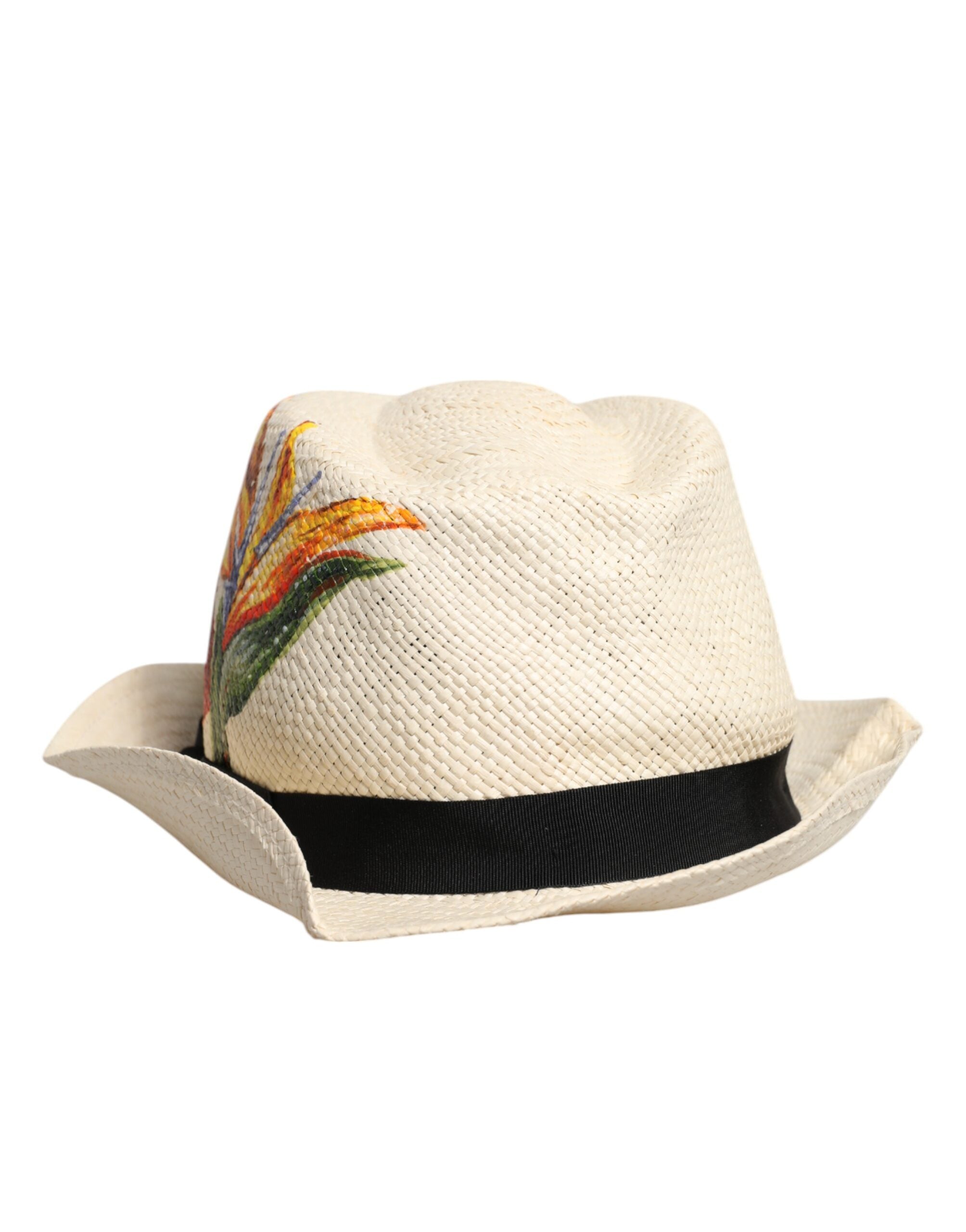 Dolce & Gabbana Beige Floral Print Straw Wide Brim Fedora Hat Dolce & Gabbana