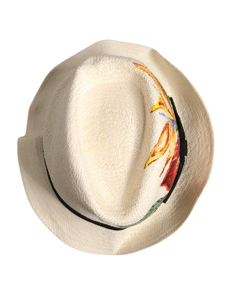 Dolce & Gabbana Beige Floral Print Straw Wide Brim Fedora Hat Dolce & Gabbana
