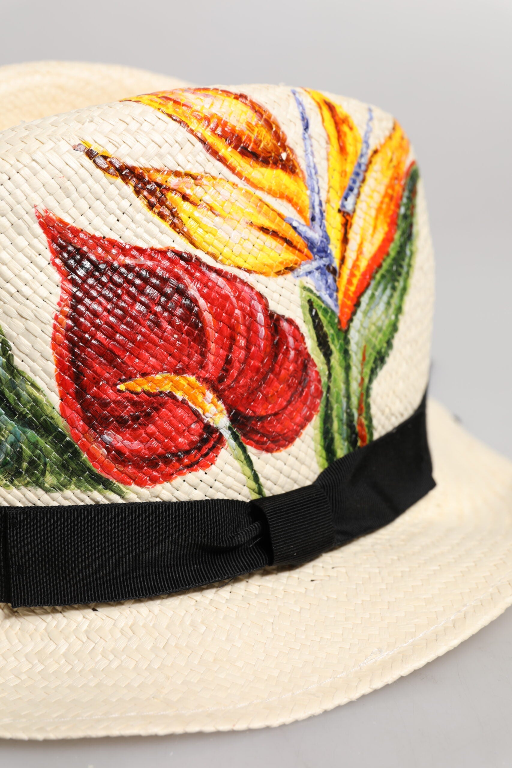 Dolce & Gabbana Beige Floral Print Straw Wide Brim Fedora Hat Dolce & Gabbana