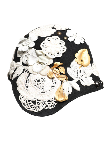 Dolce & Gabbana Black Wool White Floral Gold Leaf Cloche Hat Dolce & Gabbana