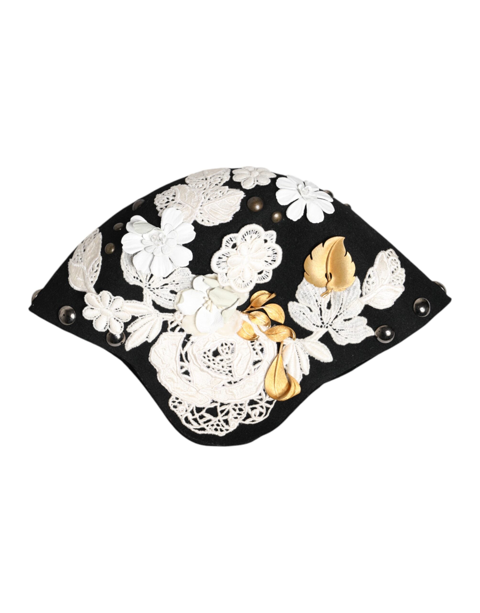 Dolce & Gabbana Black Wool White Floral Gold Leaf Cloche Hat Dolce & Gabbana