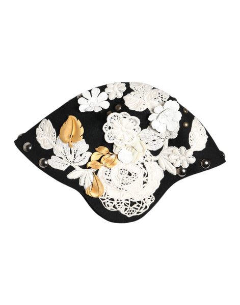 Dolce & Gabbana Black Wool White Floral Gold Leaf Cloche Hat Dolce & Gabbana