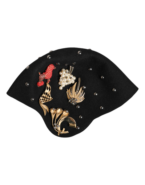 Dolce & Gabbana Black Wool Multicolor Embellished Cloche Hat Dolce & Gabbana
