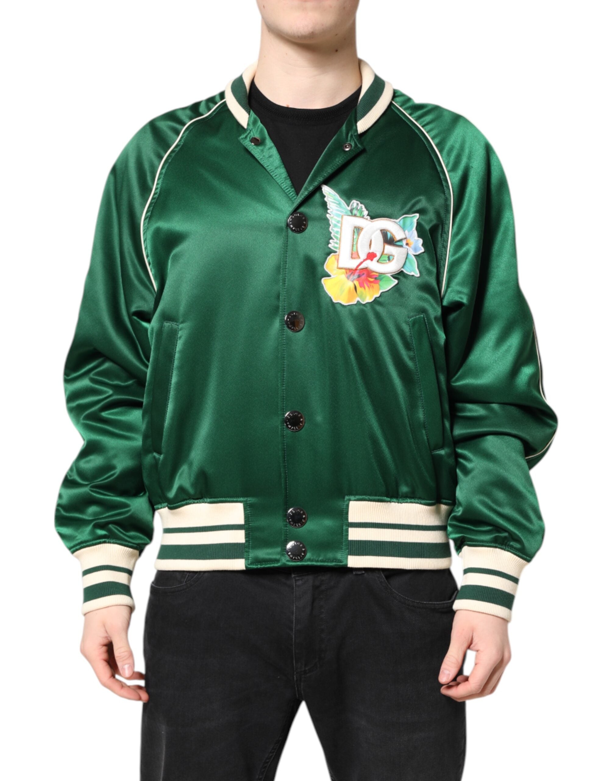 Dolce & Gabbana Green Floral DG Logo Full Zip Bomber Jacket Dolce & Gabbana