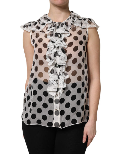 Dolce & Gabbana White Black Polka Dot Cotton Sleeveless Top Dolce & Gabbana