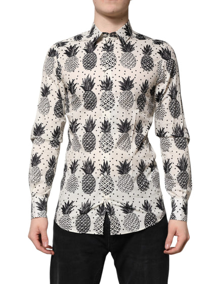 Dolce & Gabbana White Pineapple Print Long Sleeve GOLD Shirt Dolce & Gabbana