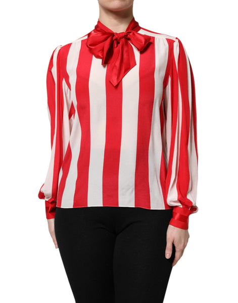 Dolce & Gabbana Red White Stripes Ascot Collar Blouse Top Dolce & Gabbana