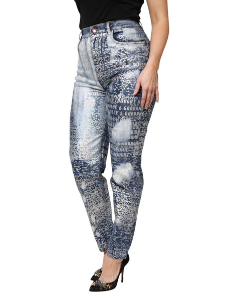 Dolce & Gabbana Blue Washed Print High Waist Denim Jeans Dolce & Gabbana