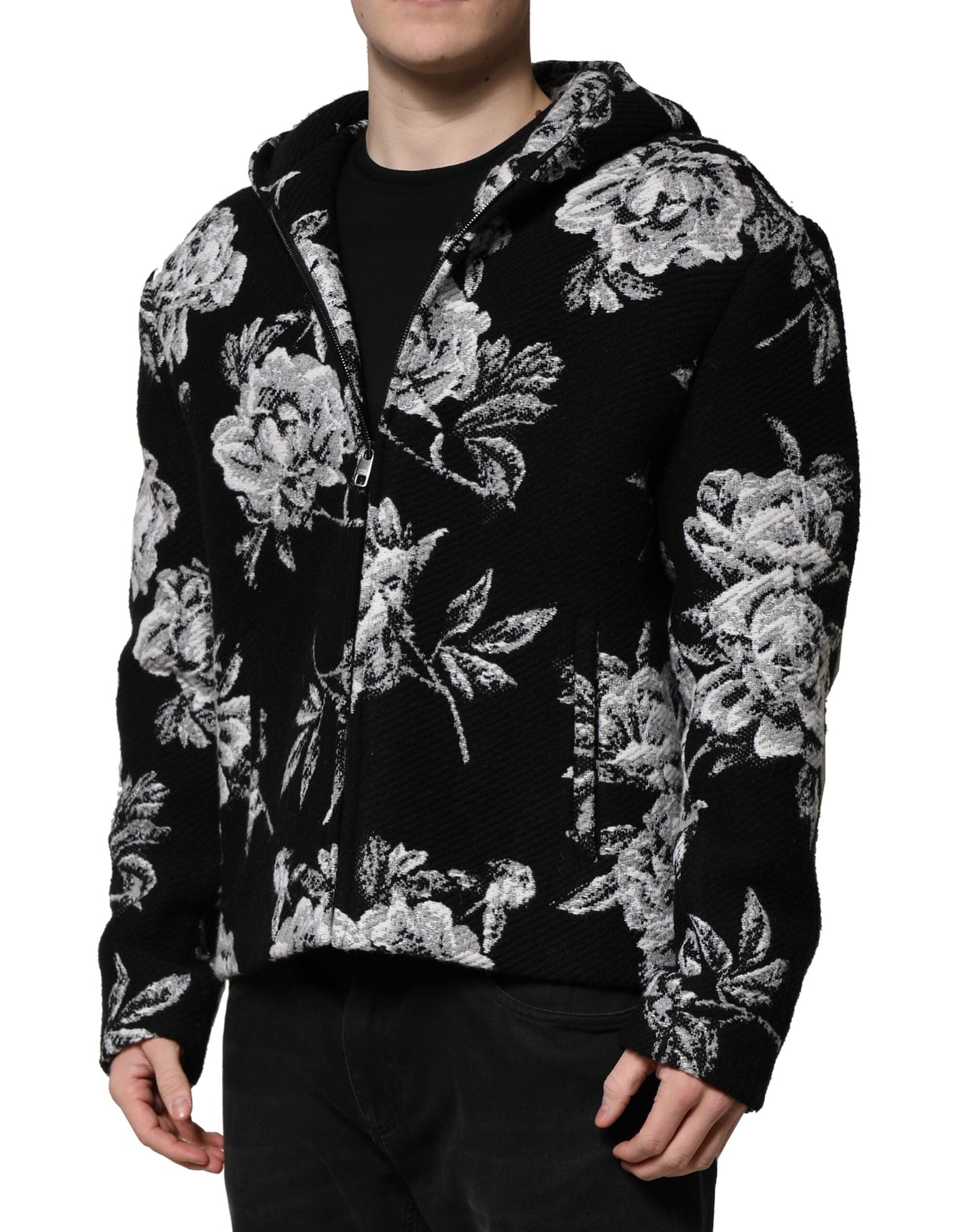 Dolce & Gabbana Black Wool Floral Printed Men Hooded Jacket Dolce & Gabbana