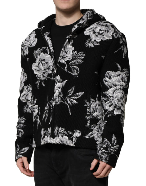 Dolce & Gabbana Black Wool Floral Printed Men Hooded Jacket Dolce & Gabbana