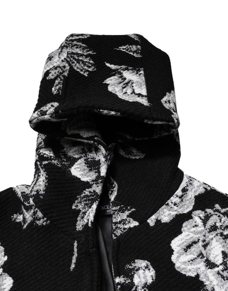 Dolce & Gabbana Black Wool Floral Printed Men Hooded Jacket Dolce & Gabbana