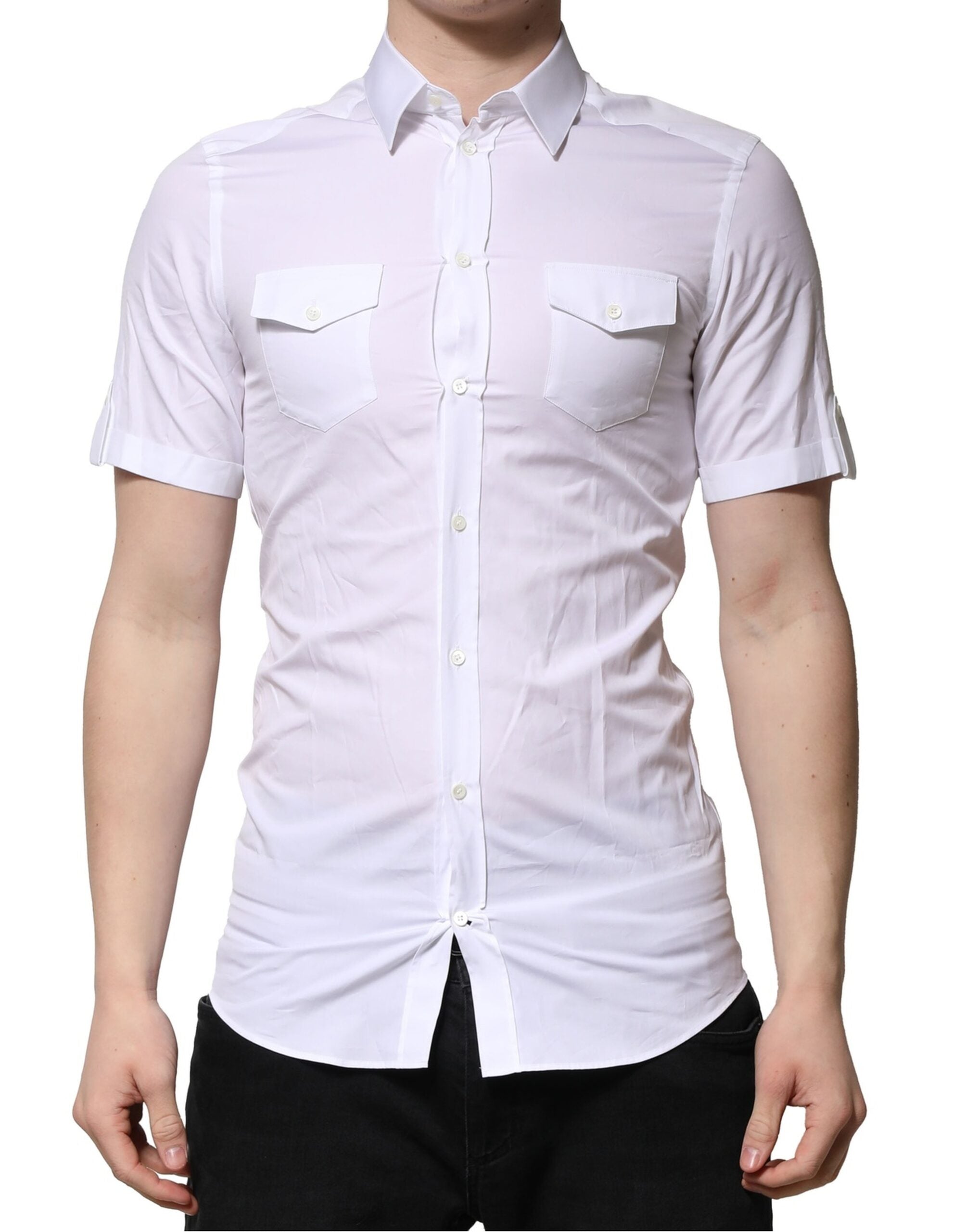 Dolce & Gabbana White Cotton Short Sleeves GOLD Casual Shirt Dolce & Gabbana