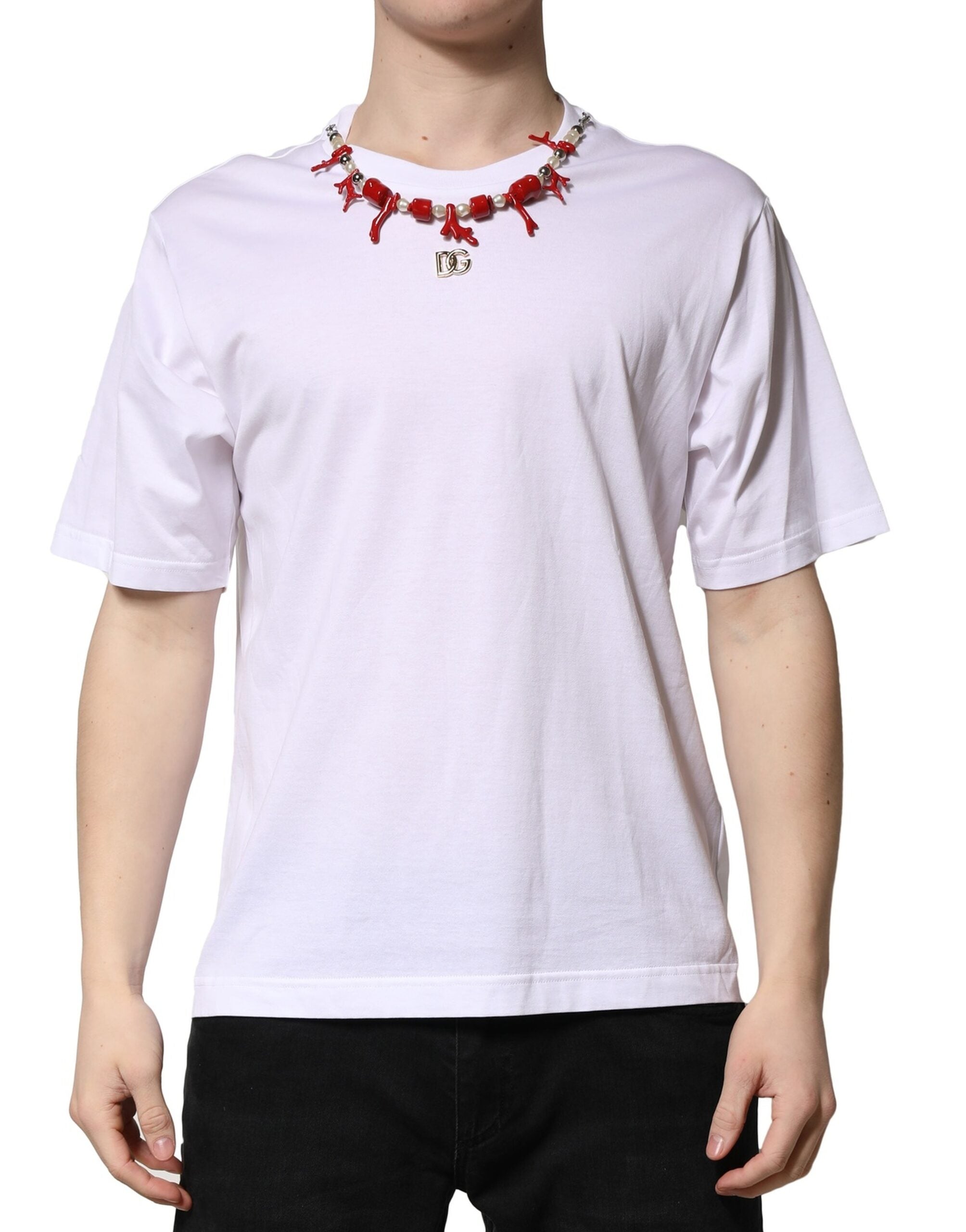 Dolce & Gabbana White Embellished Cotton Crew Neck T-shirt Dolce & Gabbana