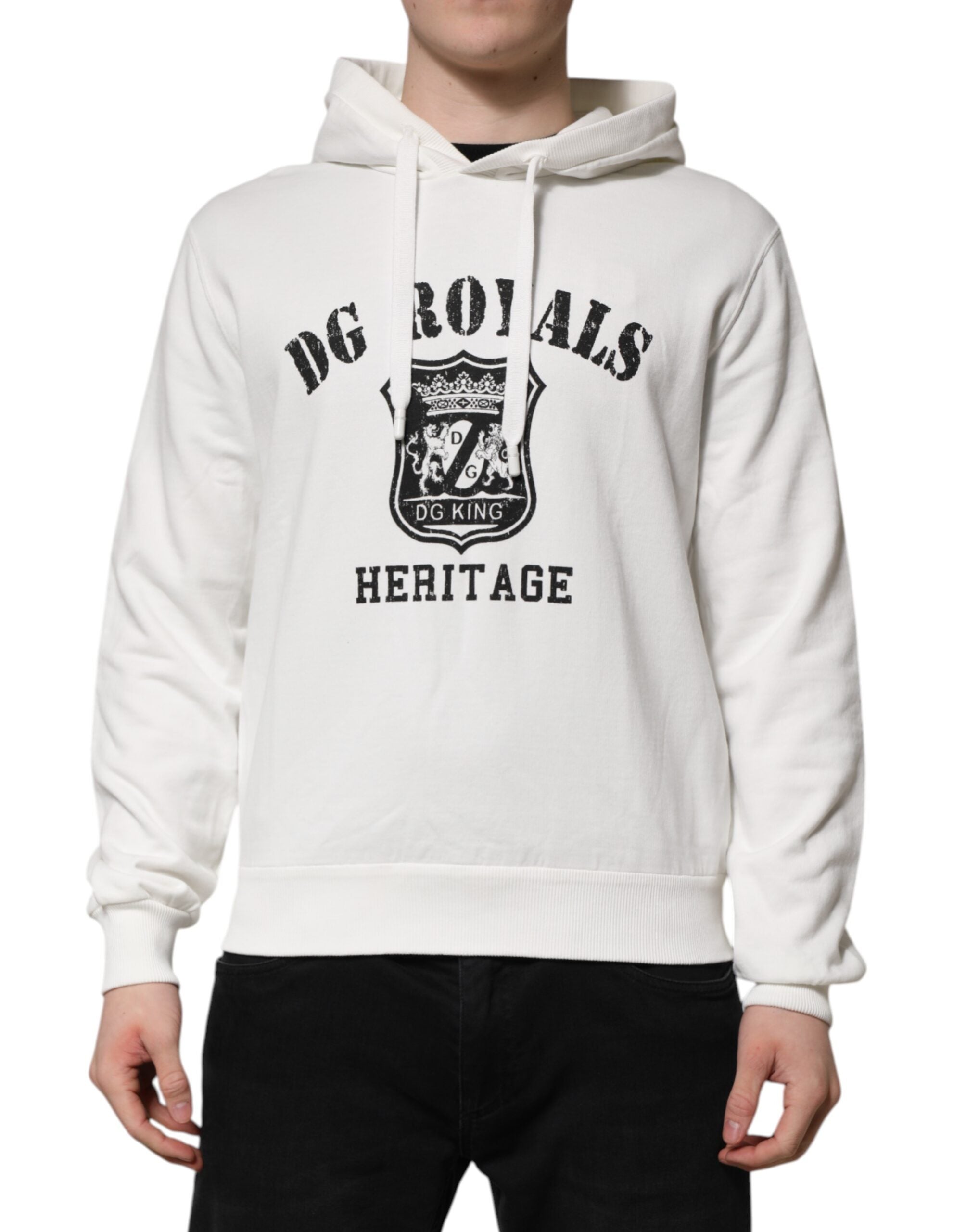 Dolce & Gabbana White Cotton DG ROYAL Print Hooded Sweater Dolce & Gabbana