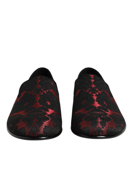 Dolce & Gabbana Red Black Jacquard Slip On Loafers Shoes Dolce & Gabbana