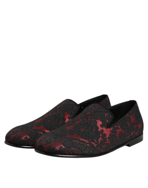 Dolce & Gabbana Red Black Jacquard Slip On Loafers Shoes Dolce & Gabbana