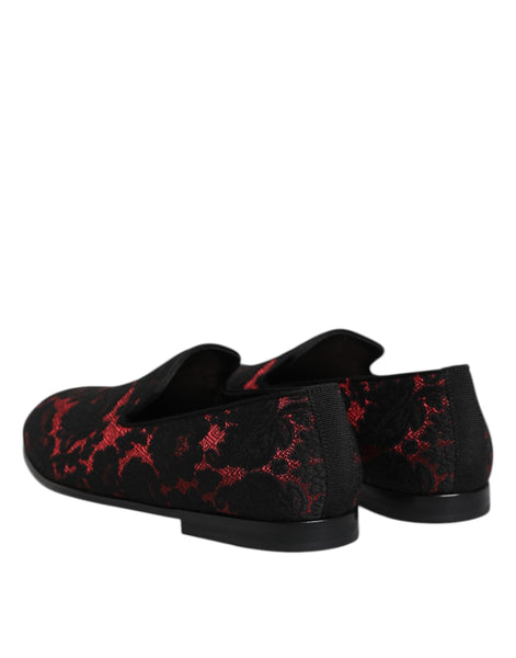 Dolce & Gabbana Red Black Jacquard Slip On Loafers Shoes Dolce & Gabbana