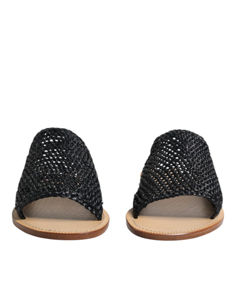 Dolce & Gabbana Black Monochrome Braided Raffia Slides Shoes Dolce & Gabbana