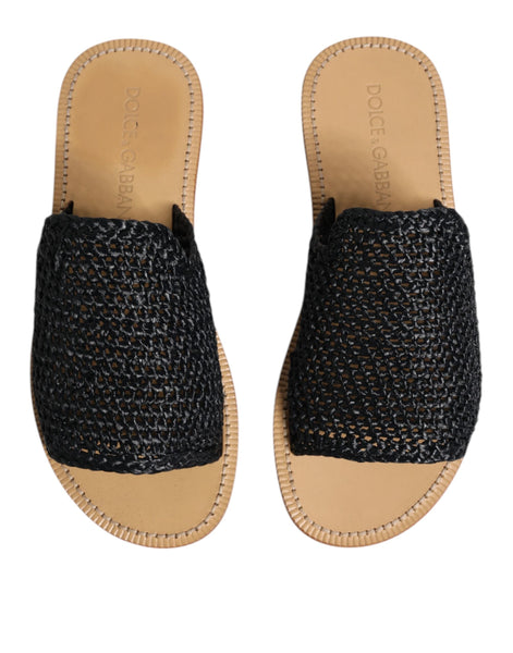 Dolce & Gabbana Black Monochrome Braided Raffia Slides Shoes Dolce & Gabbana