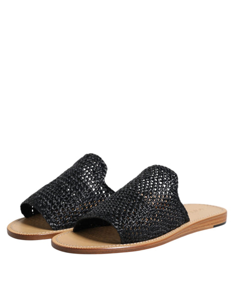 Dolce & Gabbana Black Monochrome Braided Raffia Slides Shoes Dolce & Gabbana