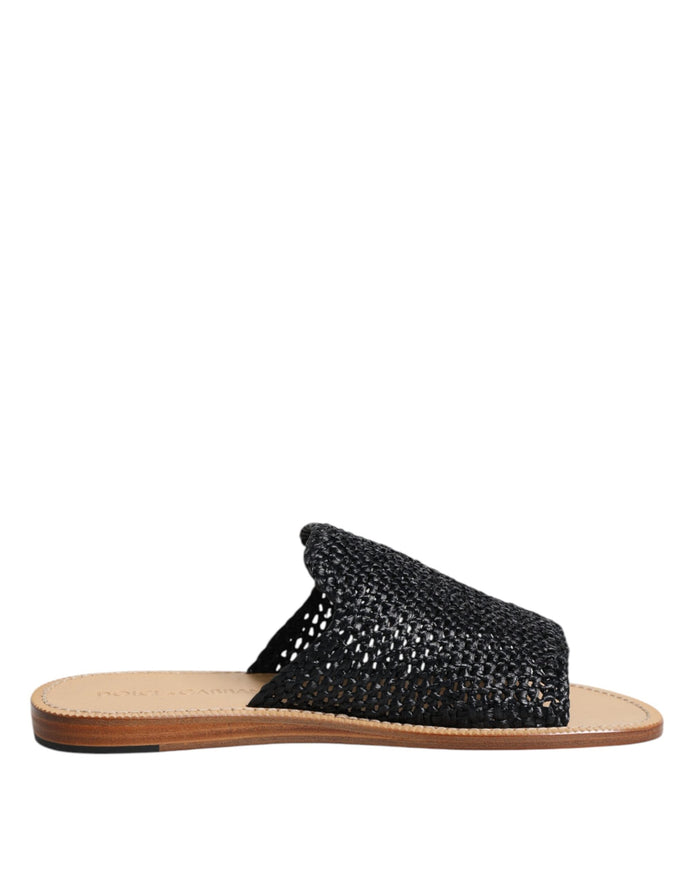 Dolce & Gabbana Black Monochrome Braided Raffia Slides Shoes Dolce & Gabbana