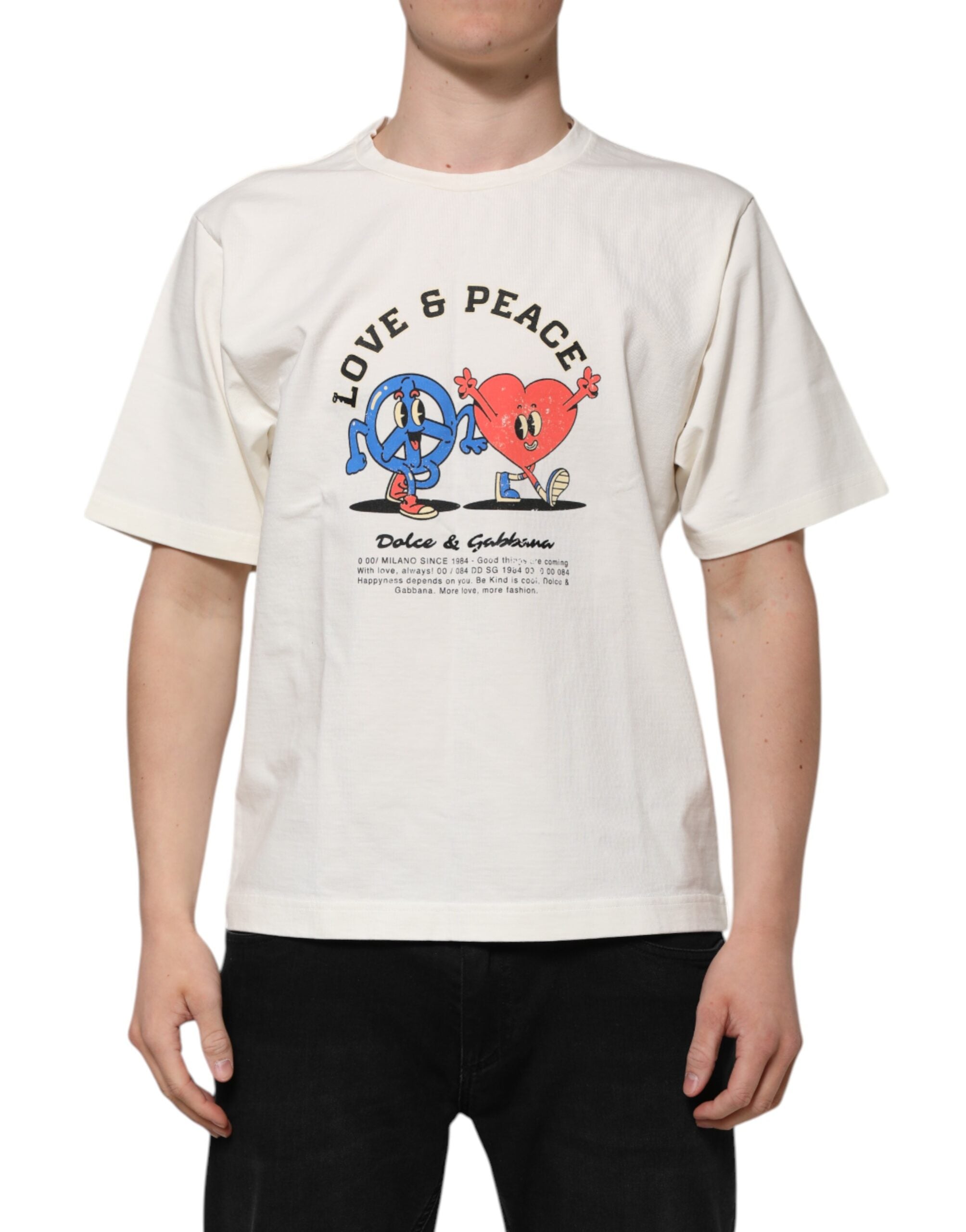 Dolce & Gabbana White Love Peace Cotton Men Crew Neck T-shirt Dolce & Gabbana