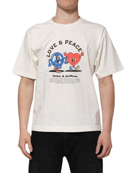 Dolce & Gabbana White Love Peace Cotton Men Crew Neck T-shirt Dolce & Gabbana