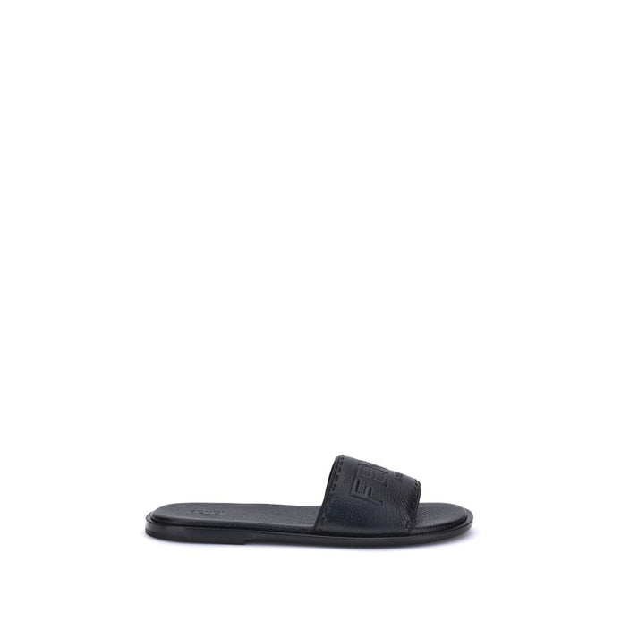 Fendi Black Calf Leather Bos Taurus Flat Sandals Fendi