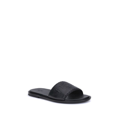 Fendi Black Calf Leather Bos Taurus Flat Sandals Fendi