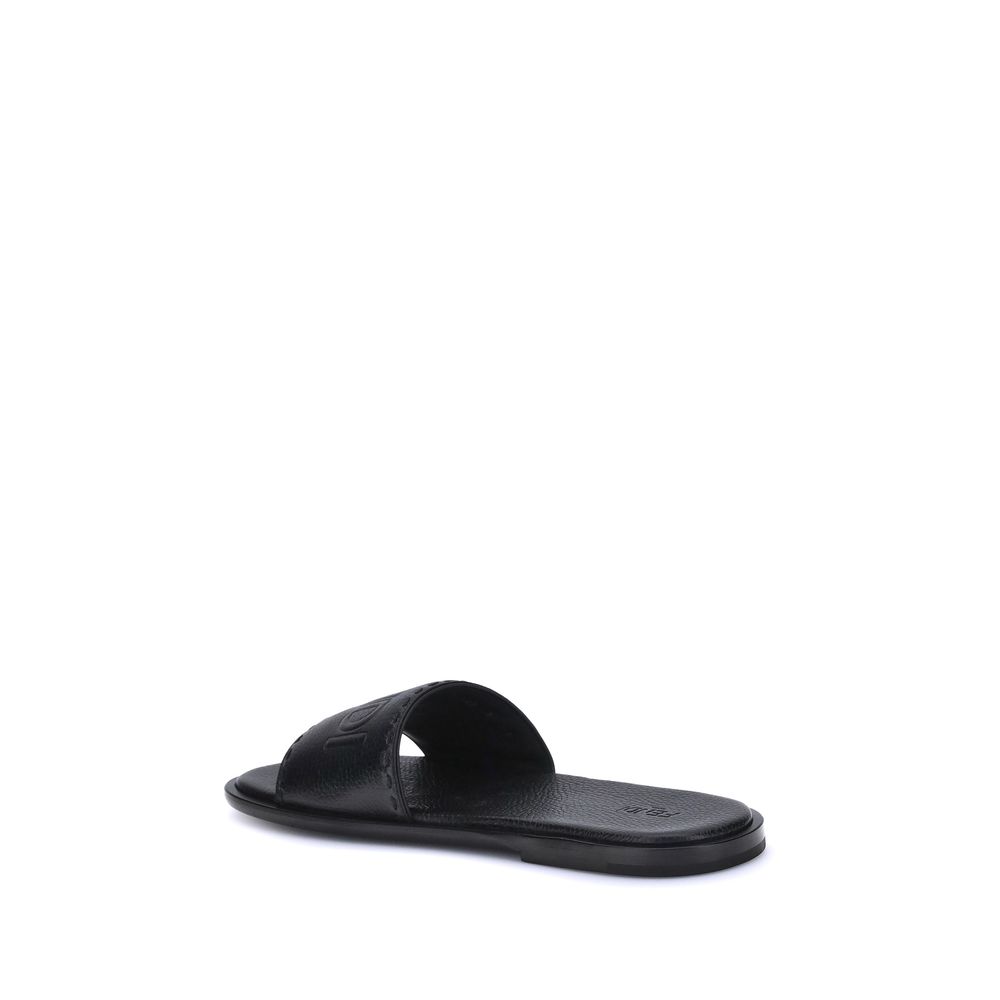 Fendi Black Calf Leather Bos Taurus Flat Sandals Fendi
