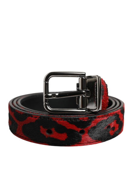 Dolce & Gabbana Black Red Leopard Silver Metal Buckle Belt Dolce & Gabbana