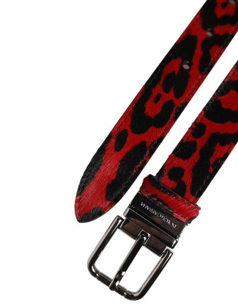Dolce & Gabbana Black Red Leopard Silver Metal Buckle Belt Dolce & Gabbana